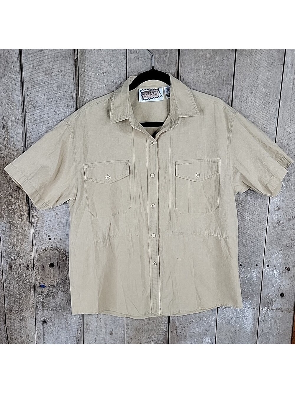 Vintage 80s 90s Gitano Button Shirt Beige Button Down Double Breast Pocket SZ L